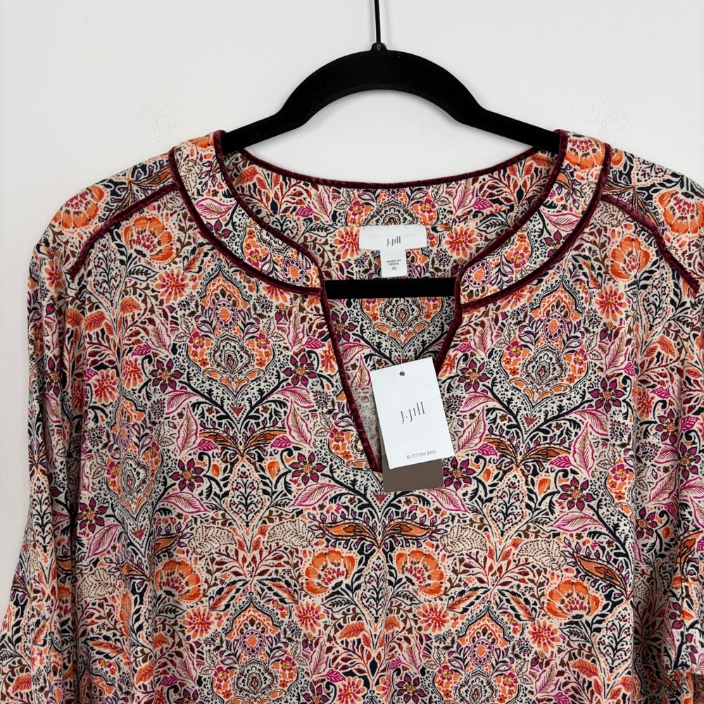 J.Jill Velvet Contrast Trim Top Floral Multicolor Festive Shirt Paisley Size XL - Picture 2 of 8